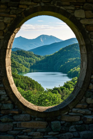 Landscape and forest scenery displayed in stone windowsの素材