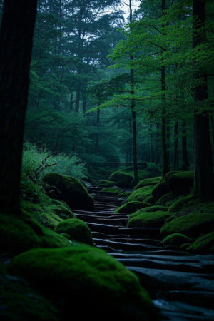 Mossy slate paths in the forestの素材