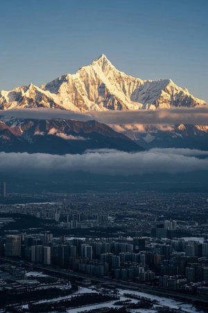 Overlooking the snow-capped mountains from the cityの素材