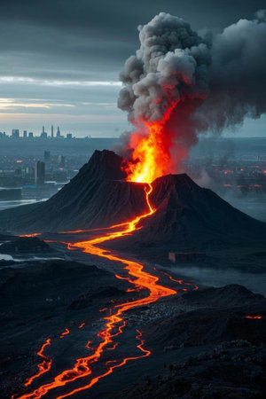Lava flows from volcanoes erupting near the cityの素材