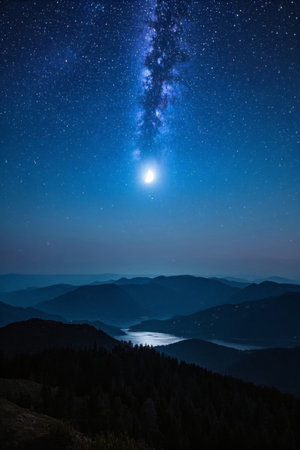 Mountain and lake landscape under the moonlit starry skyの素材