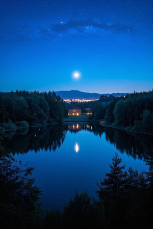 Tranquil lake and forest landscape on a moonlit nightの素材