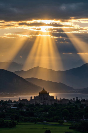 Architecture and mountain landscape at sunsetの素材