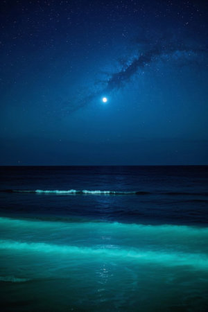 Ocean starry sky scenery on moonlit nightの素材