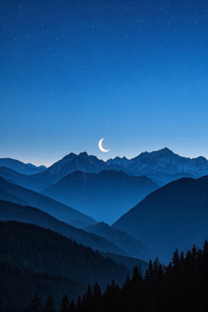Mountains and crescent moon landscape under the night skyの素材