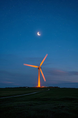 Grassland wind turbine on moonlit nightの素材