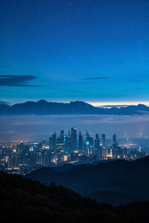 City night view and distant mountain starry sky panoramaの素材
