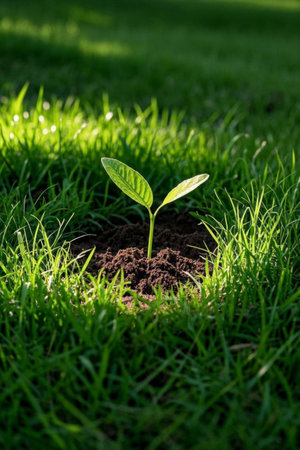 New green plants growing on the grasslandの素材