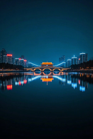 Ancient bridges and modern buildings in the city's night viewの素材