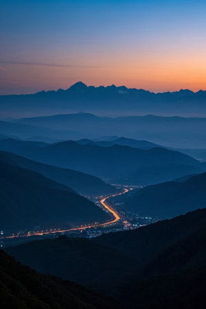 Night view of the mountain road at duskの素材