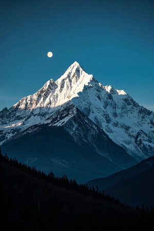 Panoramic view of snow-capped mountains on moonlit nightの素材