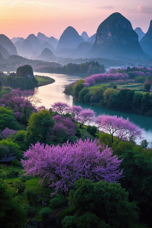 Guilin Yangshuo Landscape and Blooming Flowersの素材
