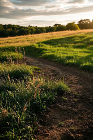 Landscape of meadows and forest paths at duskの素材