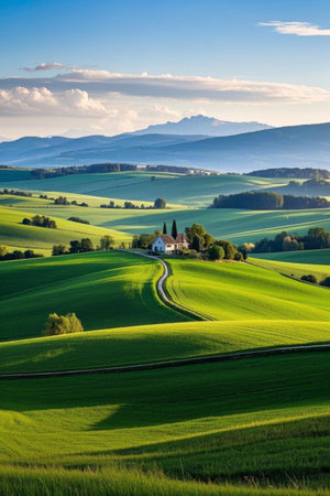 View of a cottage among the idyllic hillsの素材