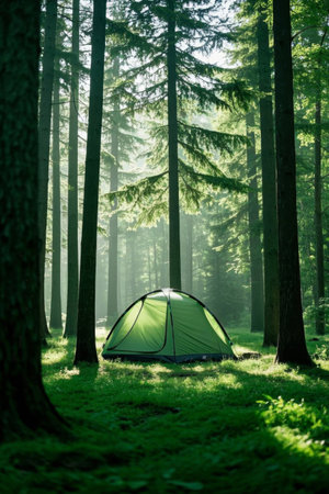 Green camping tent in the forestの素材