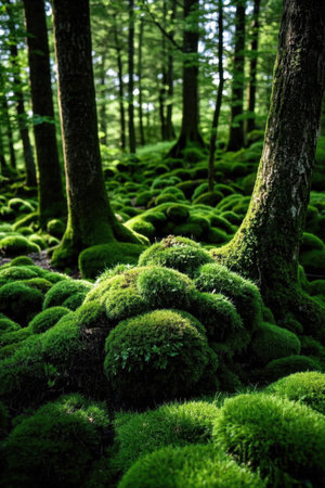 Lush bryophyte landscape in the forestの素材
