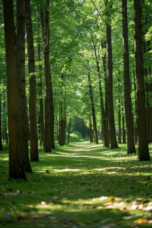 Quiet forest path under the sunの素材