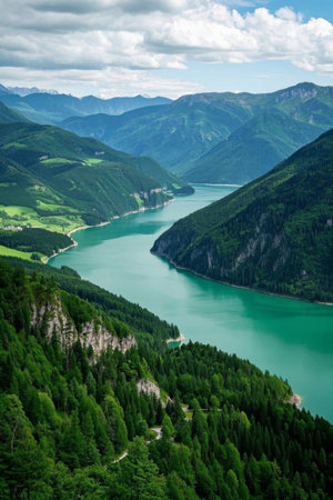 Panoramic view of natural scenery of mountain lakesの素材
