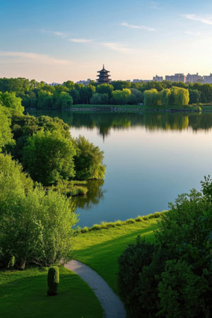 Ancient architectural landscape surrounded by green trees by the lakeの素材