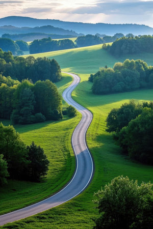 Winding roads through green fieldsの素材