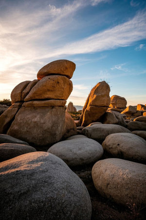 Natural rocks of various shapes under the setting sunの素材