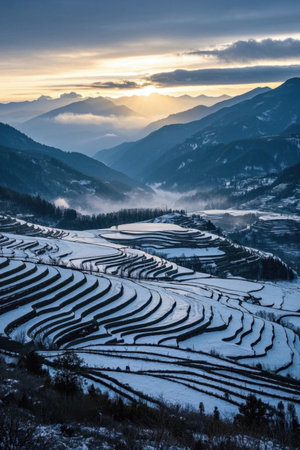 The sunrise scene of the terraced fields and distant mountains after the snowの素材
