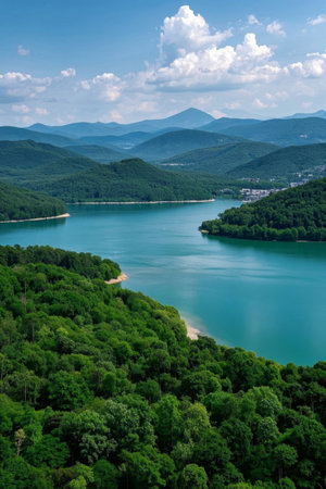 Natural scenery of lakes with green mountains and green watersの素材