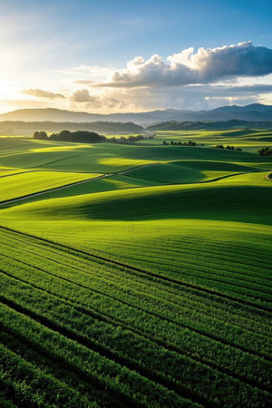 Panoramic view of green fields and countrysideの素材