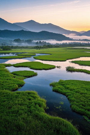 Early morning wetland scenery among mountains and riversの素材