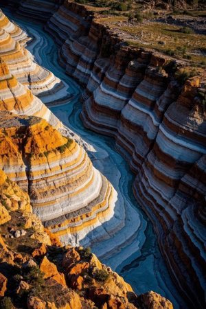 Winding river scenery between colorful rock layersの素材