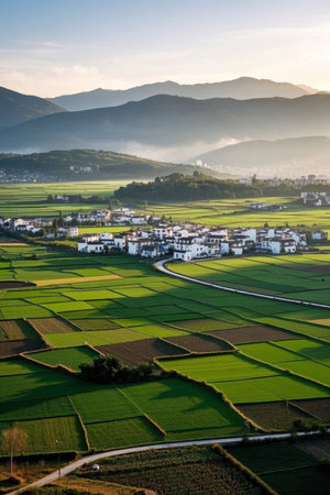 Rural fields and residential vistasの素材