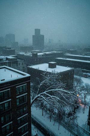 A panoramic view of the city's snow capped high rise buildingsの素材