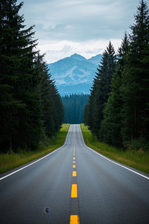 Forest road leads to distant mountainsの素材