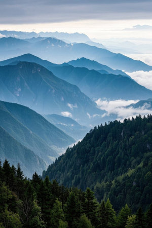 Natural landscape of mountains, sea of clouds and forestsの素材