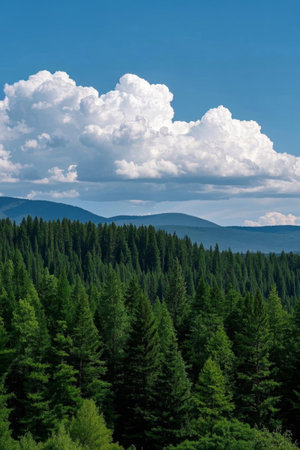 Forest natural landscape under blue sky and white cloudsの素材