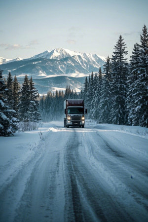 Freight trucks traveling on snowy roadsの素材