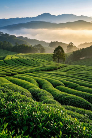 Green tea garden scenery in the mountains in the morningの素材
