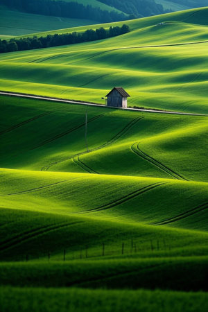 Cottages in the fields and green idyllic sceneryの素材