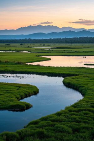 Wild rivers and distant mountains of natural sceneryの素材