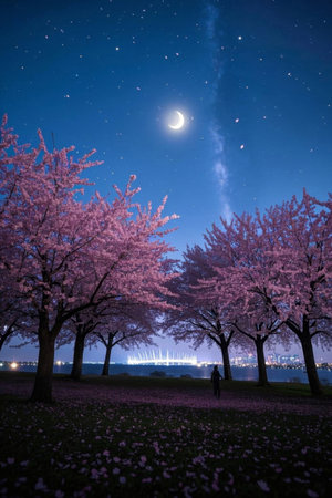 People who enjoy cherry blossoms under the moonlit night and the city's distant sceneryの素材