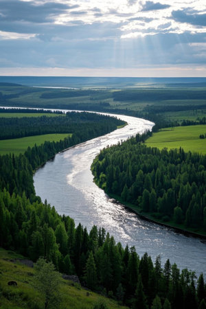 The river winds through the forest steppe landscapeの素材