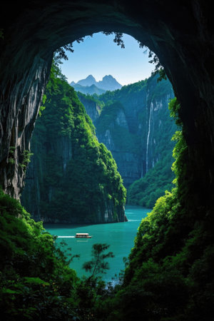 Landscape of the mountain and water canyon outside the cave entranceの素材