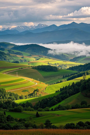 Beautiful scenery surrounded by mountain grasslands and cloudsの素材