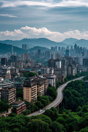 Urban buildings and winding road landscapesの素材