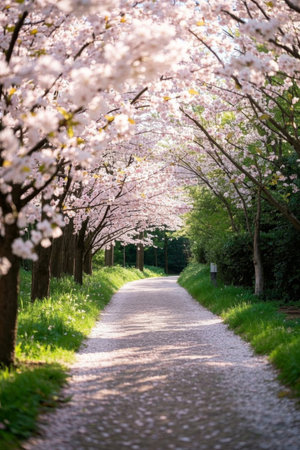 Forest path under cherry treesの素材