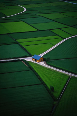 Aerial photography of huts and roads in the fieldsの素材