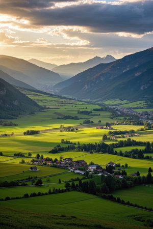 Panoramic view of the idyllic scenery between the valleysの素材