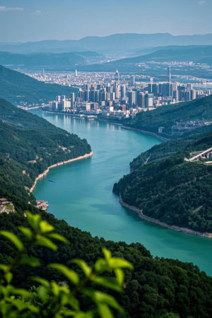 City and nature surrounded by riversの素材