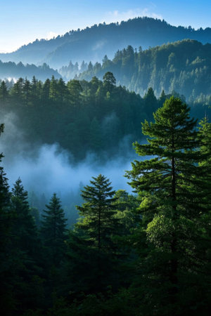 A natural landscape filled with morning mist in the mountains and forestsの素材
