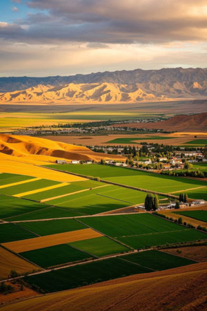Panoramic view of natural scenery of fields and hillsの素材